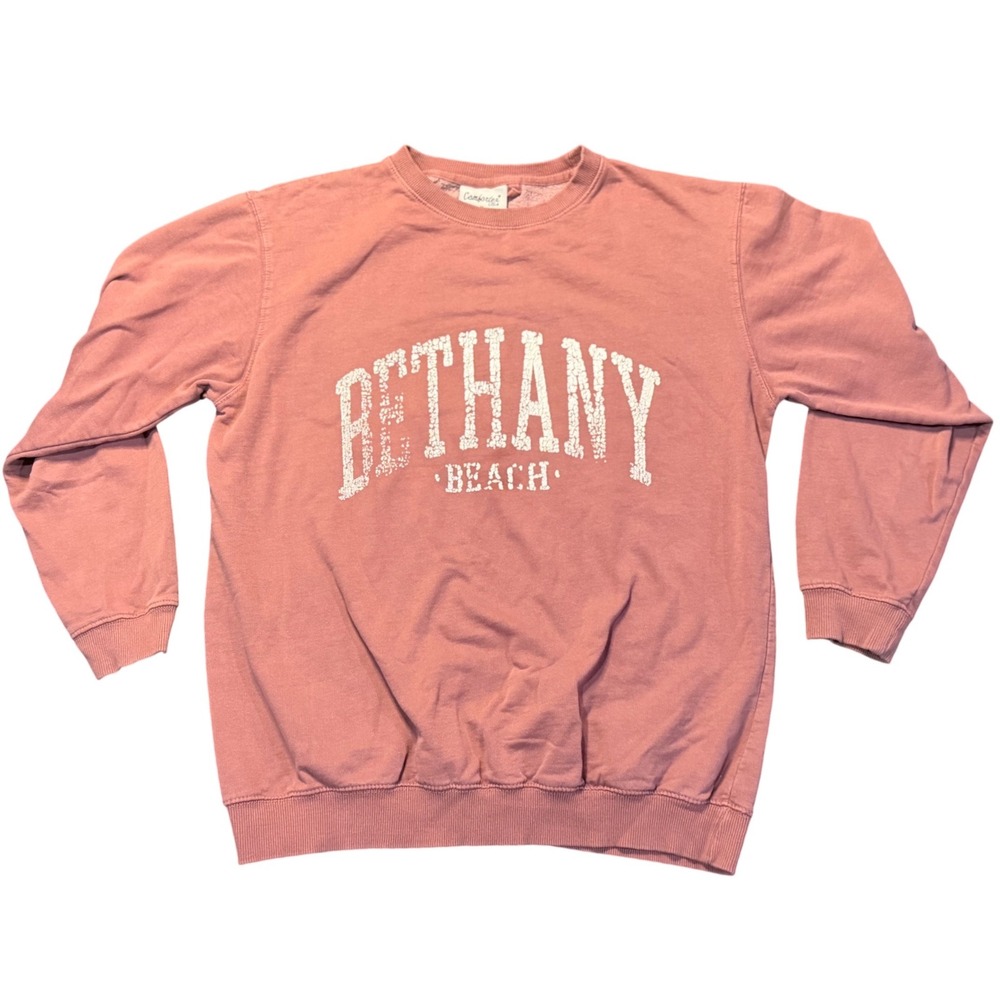 Comfortex Sweatshirt Pink Bethany Beach Graphic Pullover Faded Distressed Medium